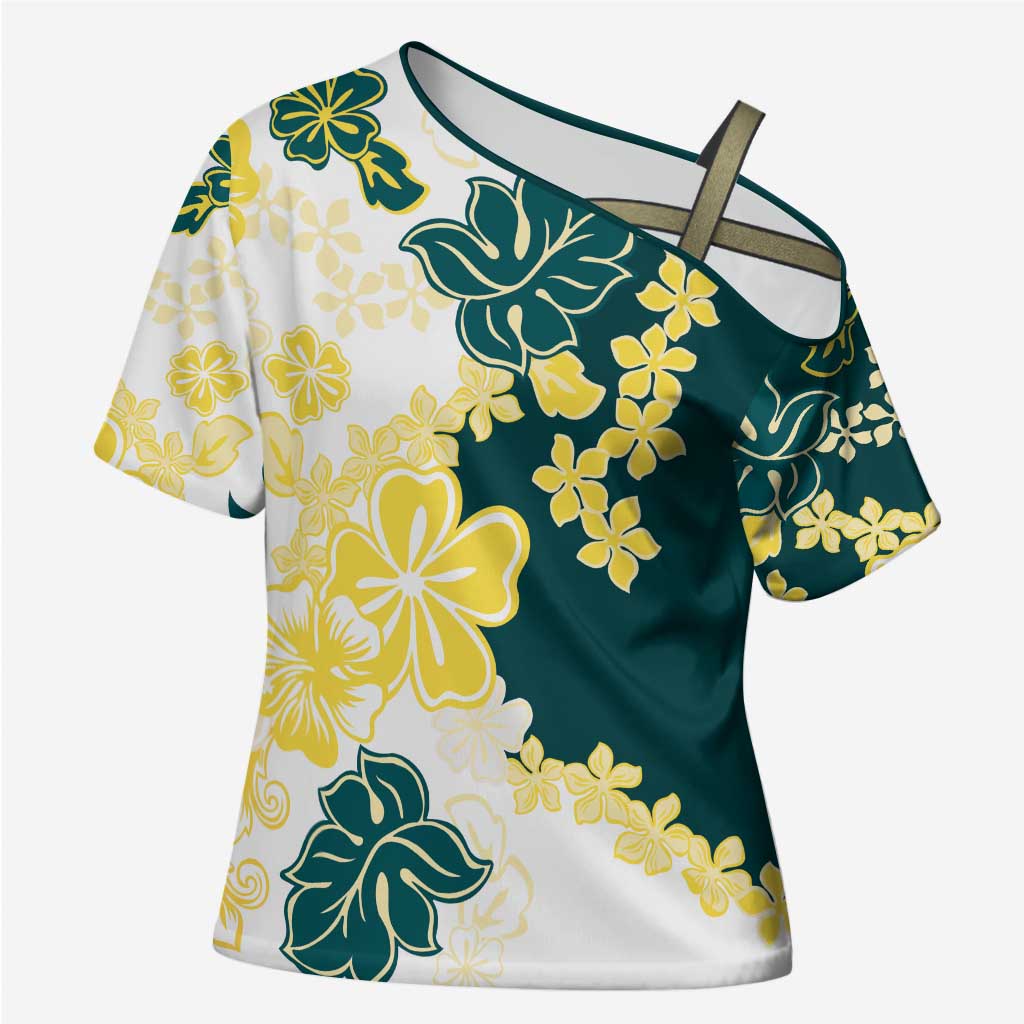 Yelow Teal Hibiscus Plumeria Floral Cross Shoulder Shirt - Polynesian Pride