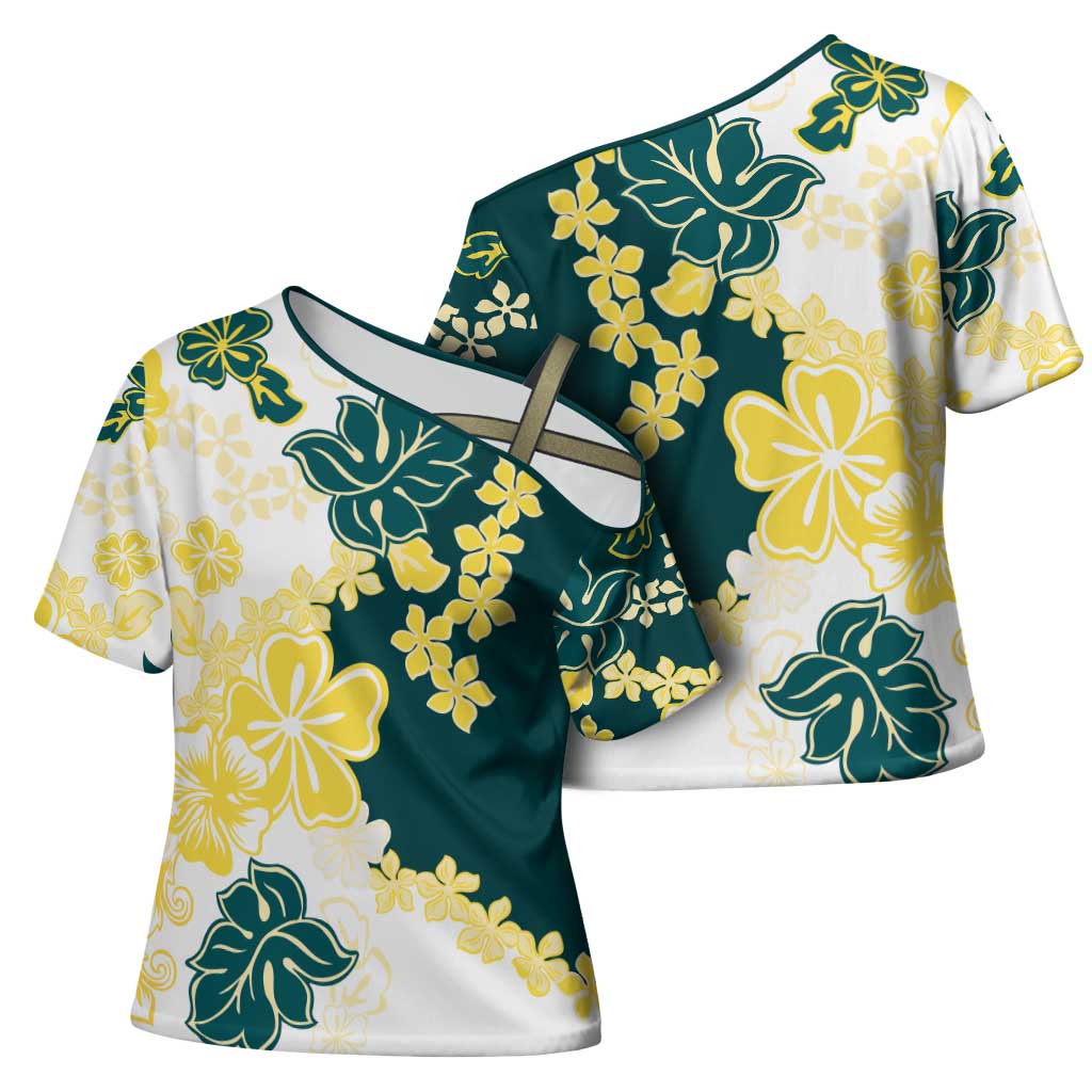 Yelow Teal Hibiscus Plumeria Floral Cross Shoulder Shirt - Polynesian Pride