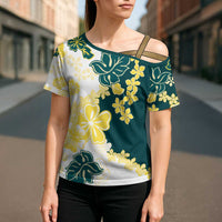 Yelow Teal Hibiscus Plumeria Floral Cross Shoulder Shirt - Polynesian Pride