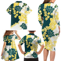 Yelow Teal Hibiscus Plumeria Floral Family Matching Long Sleeve Bodycon Dress and Hawaiian Shirt LT01 - Polynesian Pride