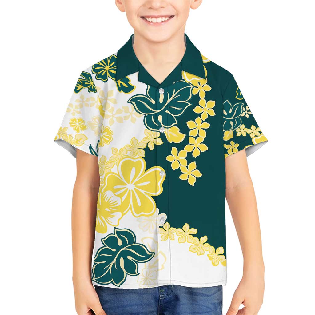 Yelow Teal Hibiscus Plumeria Floral Family Matching Long Sleeve Bodycon Dress and Hawaiian Shirt LT01 Son's Shirt Yellow - Polynesian Pride