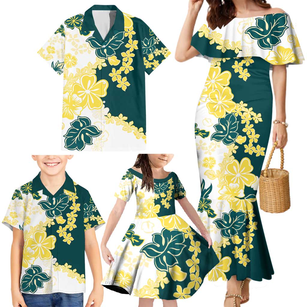 Yelow Teal Hibiscus Plumeria Floral Family Matching Mermaid Dress and Hawaiian Shirt LT01 - Polynesian Pride