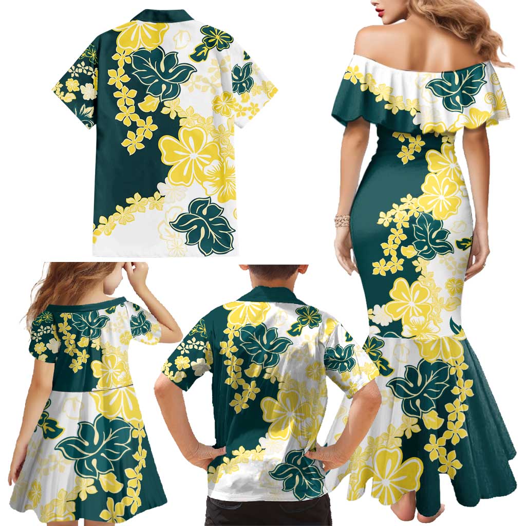 Yelow Teal Hibiscus Plumeria Floral Family Matching Mermaid Dress and Hawaiian Shirt LT01 - Polynesian Pride