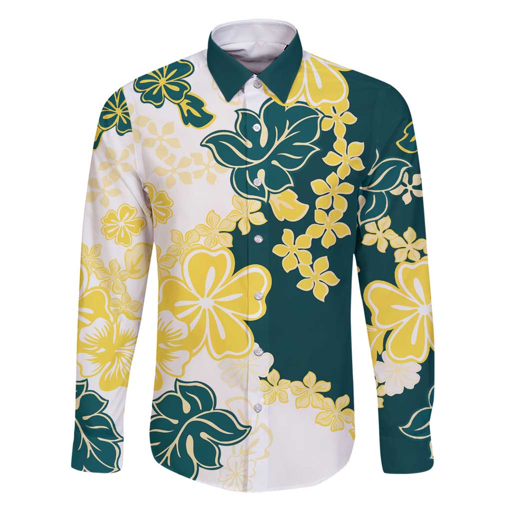 Yelow Teal Hibiscus Plumeria Floral Family Matching Mermaid Dress and Hawaiian Shirt LT01 Dad's Shirt - Long Sleeve Yellow - Polynesian Pride