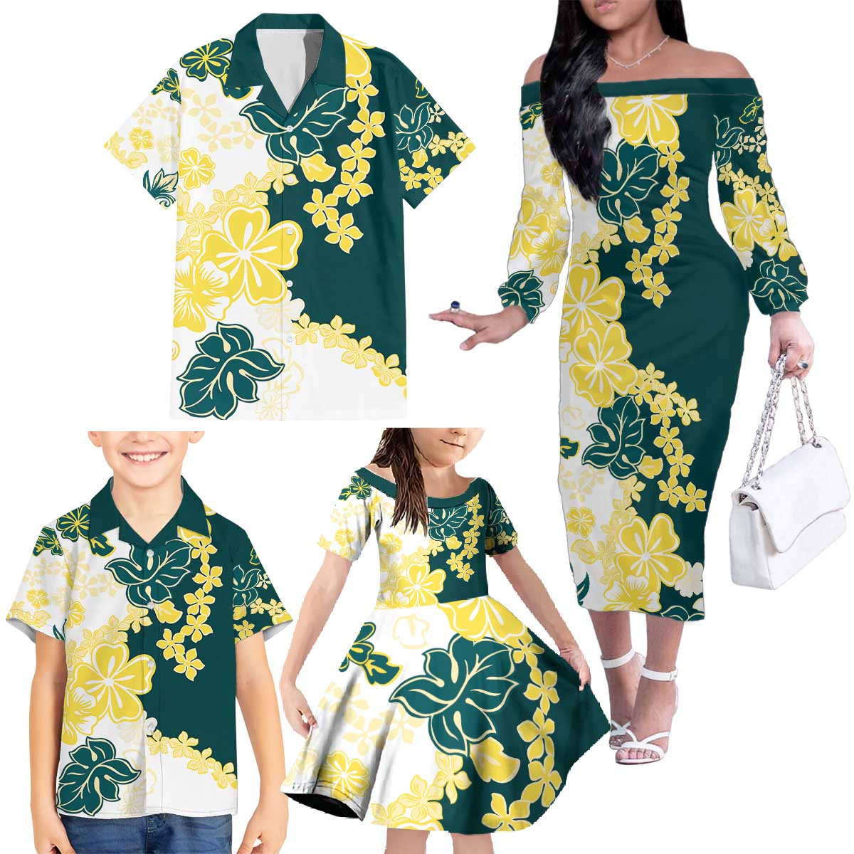 Yelow Teal Hibiscus Plumeria Floral Family Matching Off The Shoulder Long Sleeve Dress and Hawaiian Shirt - Polynesian Pride