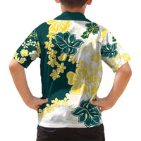 Yelow Teal Hibiscus Plumeria Floral Family Matching Off Shoulder Short Dress and Hawaiian Shirt - Polynesian Pride