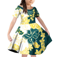 Yelow Teal Hibiscus Plumeria Floral Family Matching Off Shoulder Short Dress and Hawaiian Shirt - Polynesian Pride
