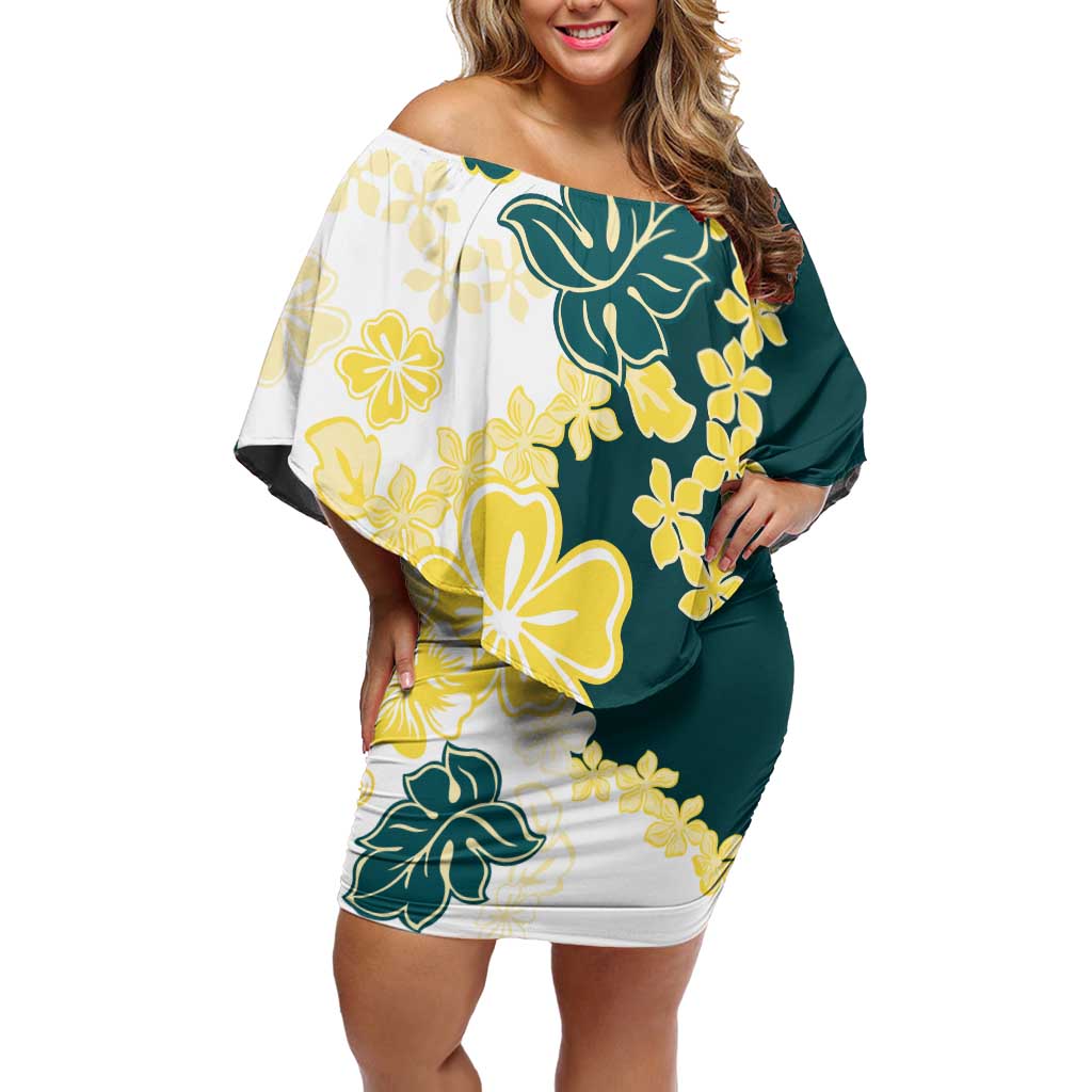 Yelow Teal Hibiscus Plumeria Floral Family Matching Off Shoulder Short Dress and Hawaiian Shirt - Polynesian Pride