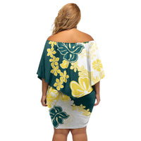 Yelow Teal Hibiscus Plumeria Floral Family Matching Off Shoulder Short Dress and Hawaiian Shirt - Polynesian Pride