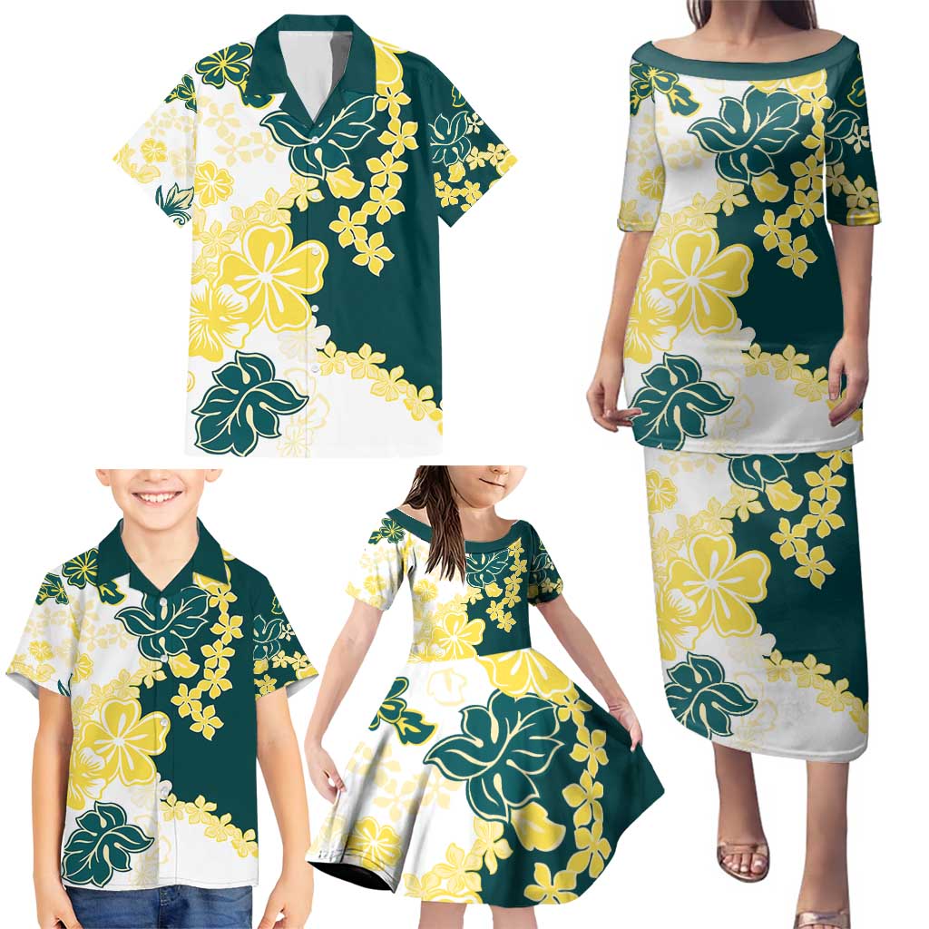 Yelow Teal Hibiscus Plumeria Floral Family Matching Puletasi and Hawaiian Shirt LT01 - Polynesian Pride