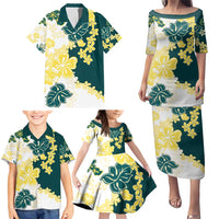 Yelow Teal Hibiscus Plumeria Floral Family Matching Puletasi and Hawaiian Shirt LT01 - Polynesian Pride