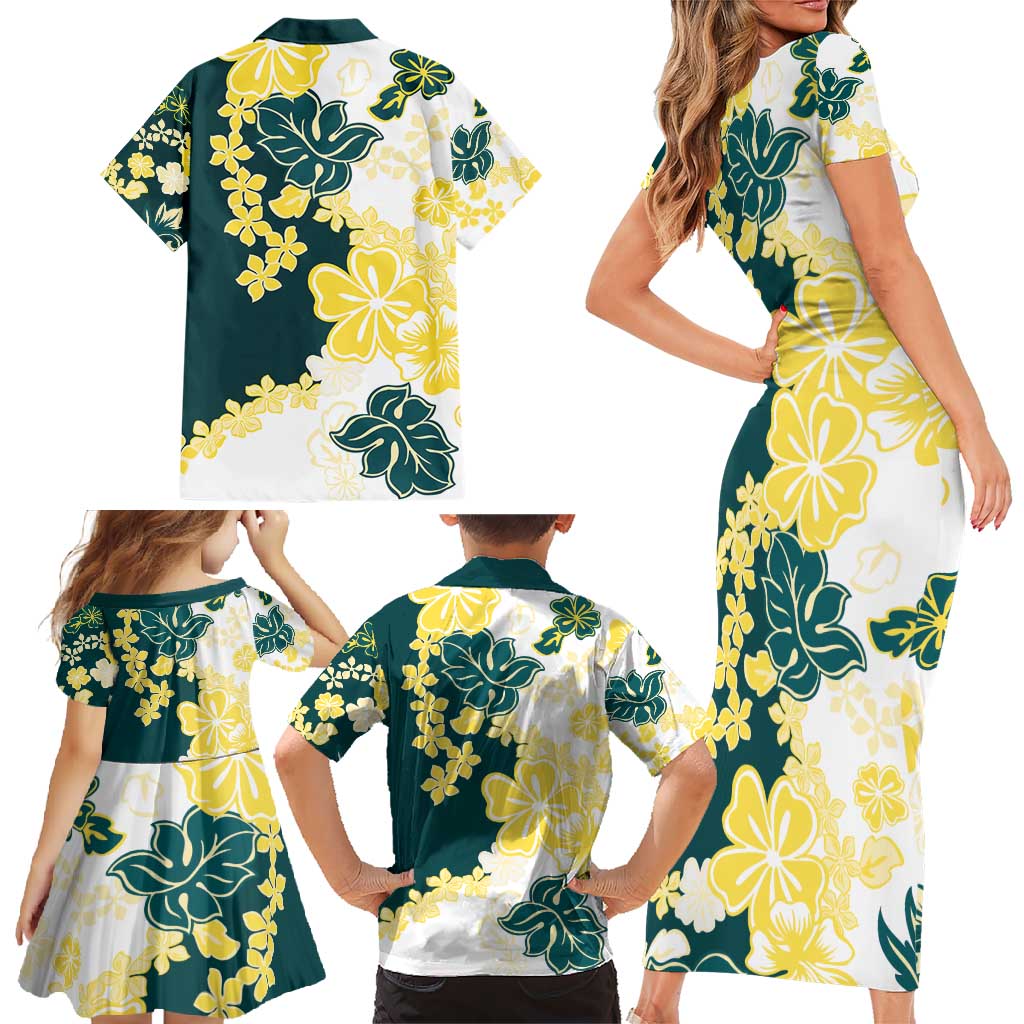 Yelow Teal Hibiscus Plumeria Floral Family Matching Short Sleeve Bodycon Dress and Hawaiian Shirt LT01 - Polynesian Pride