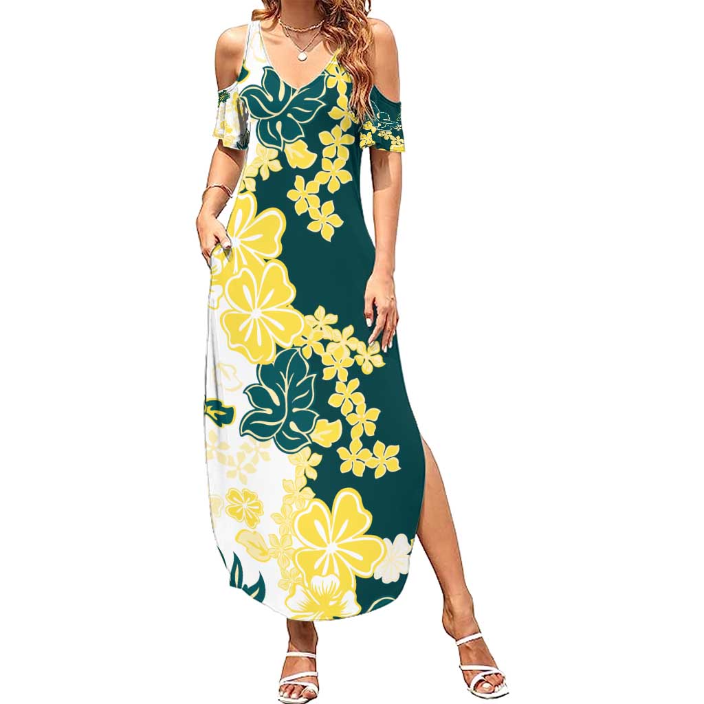 Yelow Teal Hibiscus Plumeria Floral Family Matching Summer Maxi Dress and Hawaiian Shirt - Polynesian Pride