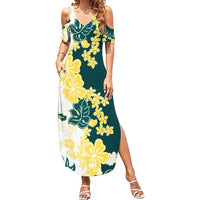 Yelow Teal Hibiscus Plumeria Floral Family Matching Summer Maxi Dress and Hawaiian Shirt - Polynesian Pride