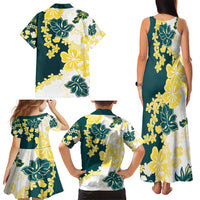 Yelow Teal Hibiscus Plumeria Floral Family Matching Tank Maxi Dress and Hawaiian Shirt - Polynesian Pride