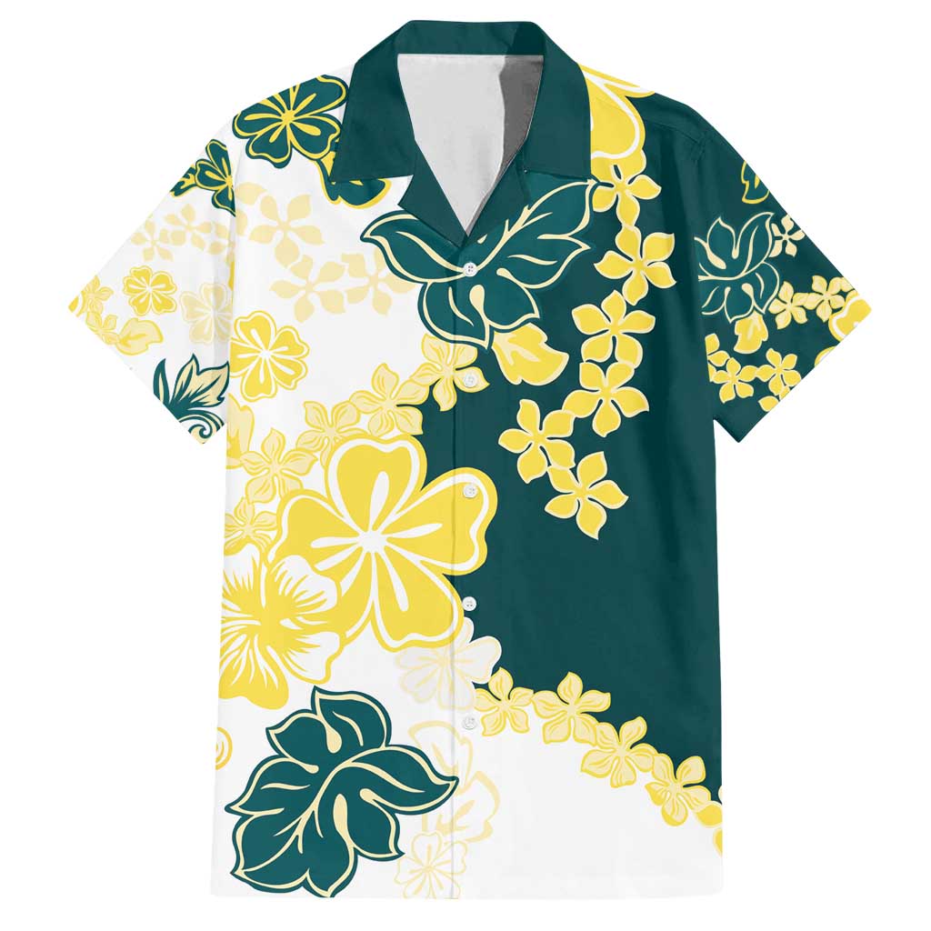 Yelow Teal Hibiscus Plumeria Floral Family Matching Tank Maxi Dress and Hawaiian Shirt - Polynesian Pride