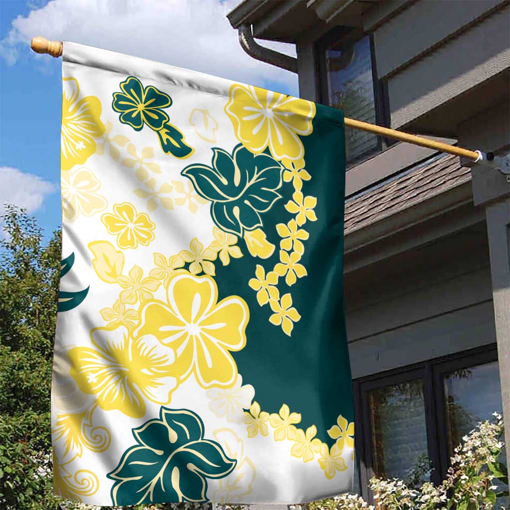 Yelow Teal Hibiscus Plumeria Floral Garden Flag - Polynesian Pride