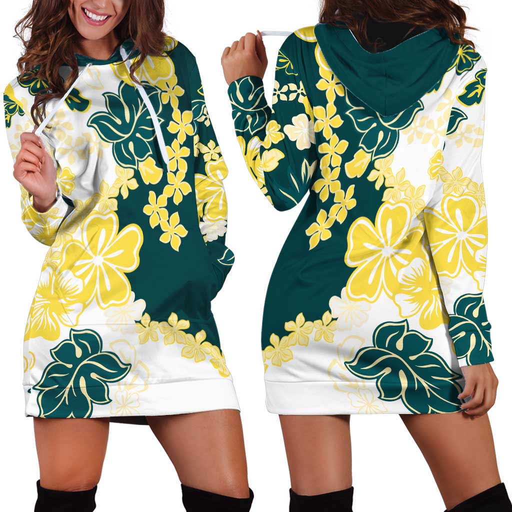 Yelow Teal Hibiscus Plumeria Floral Hoodie Dress - Polynesian Pride
