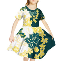 Yelow Teal Hibiscus Plumeria Floral Kid Short Sleeve Dress - Polynesian Pride