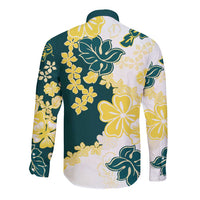 Yelow Teal Hibiscus Plumeria Floral Long Sleeve Button Shirt - Polynesian Pride