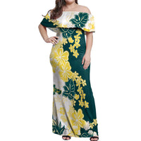 Yelow Teal Hibiscus Plumeria Floral Off Shoulder Maxi Dress - Polynesian Pride