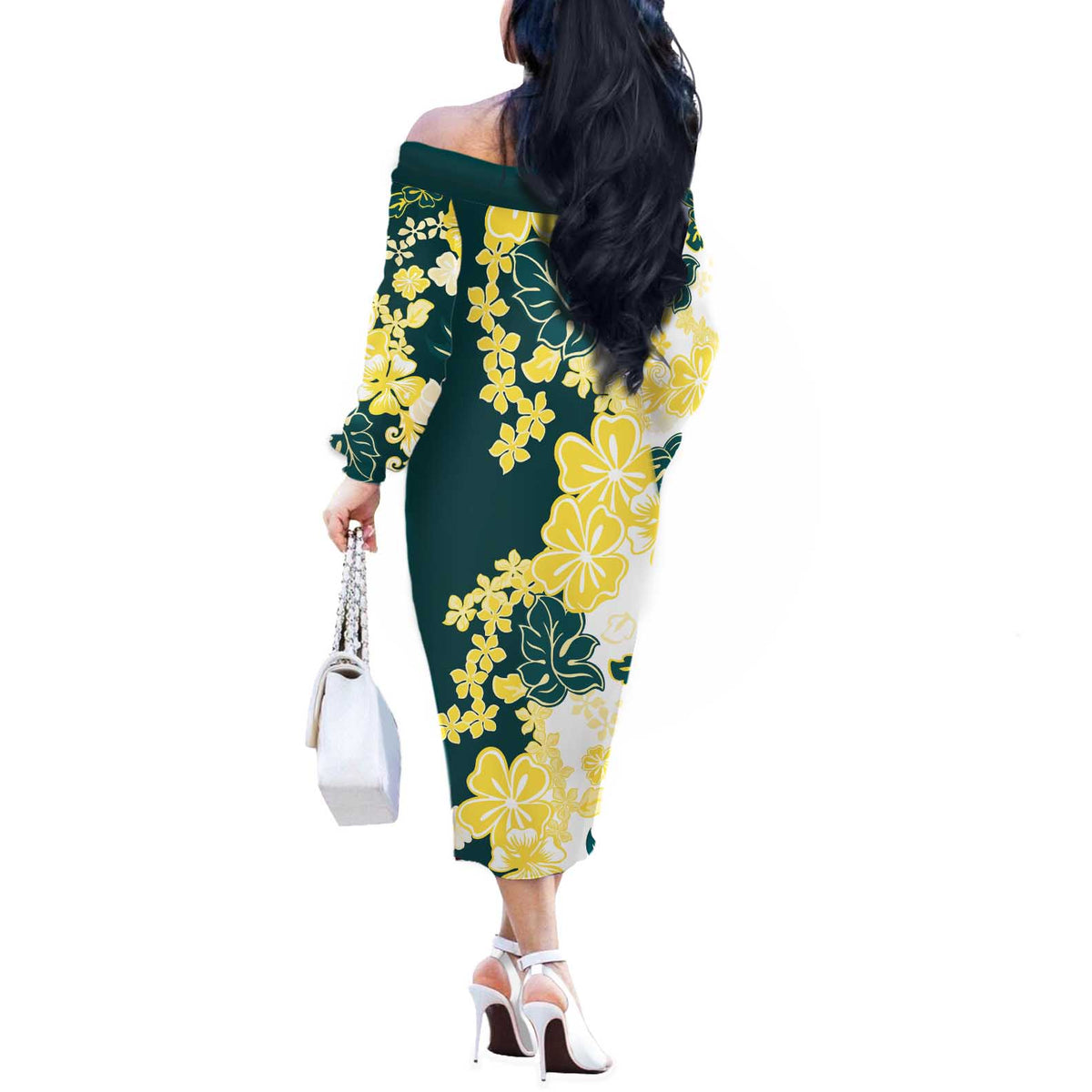 Yelow Teal Hibiscus Plumeria Floral Off The Shoulder Long Sleeve Dress - Polynesian Pride
