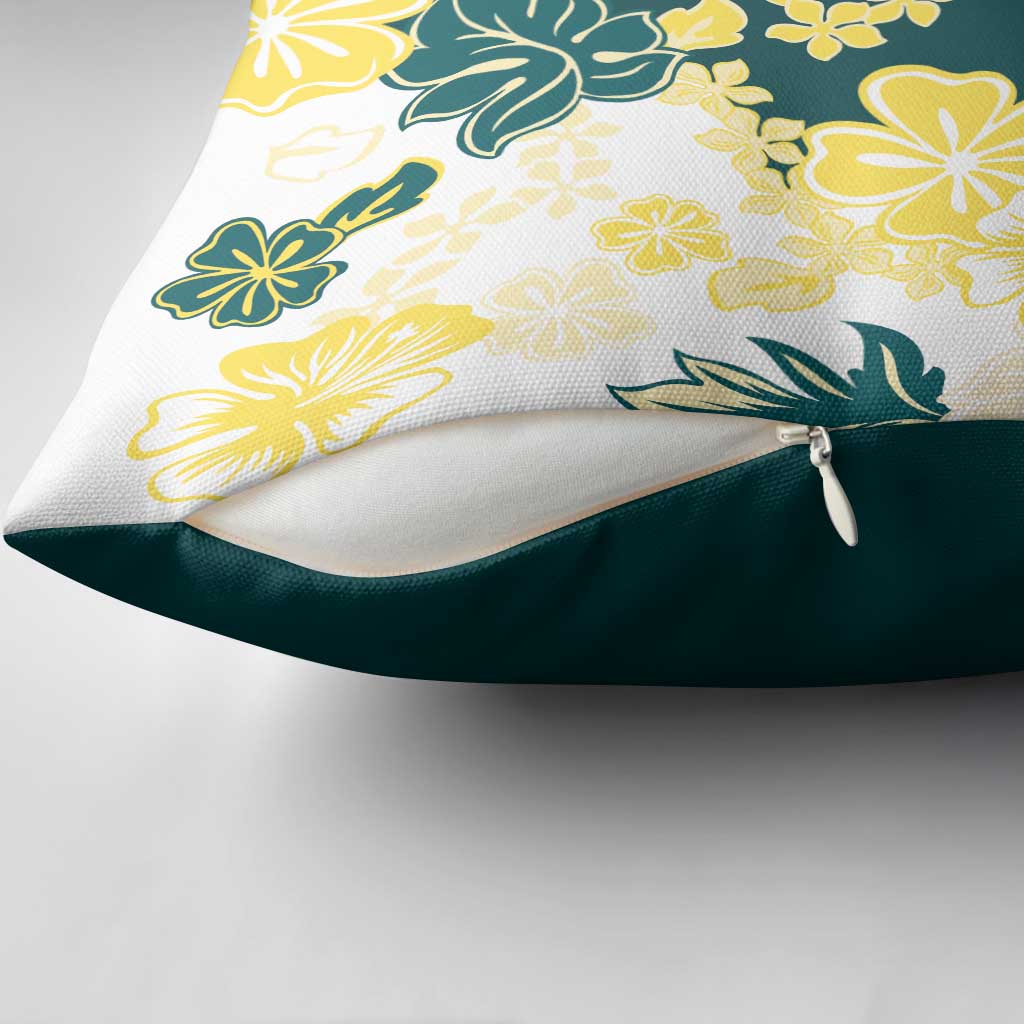 Yelow Teal Hibiscus Plumeria Floral Pillow Cover - Polynesian Pride