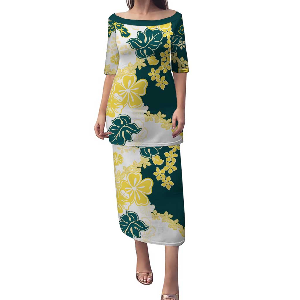Yelow Teal Hibiscus Plumeria Floral Puletasi - Polynesian Pride
