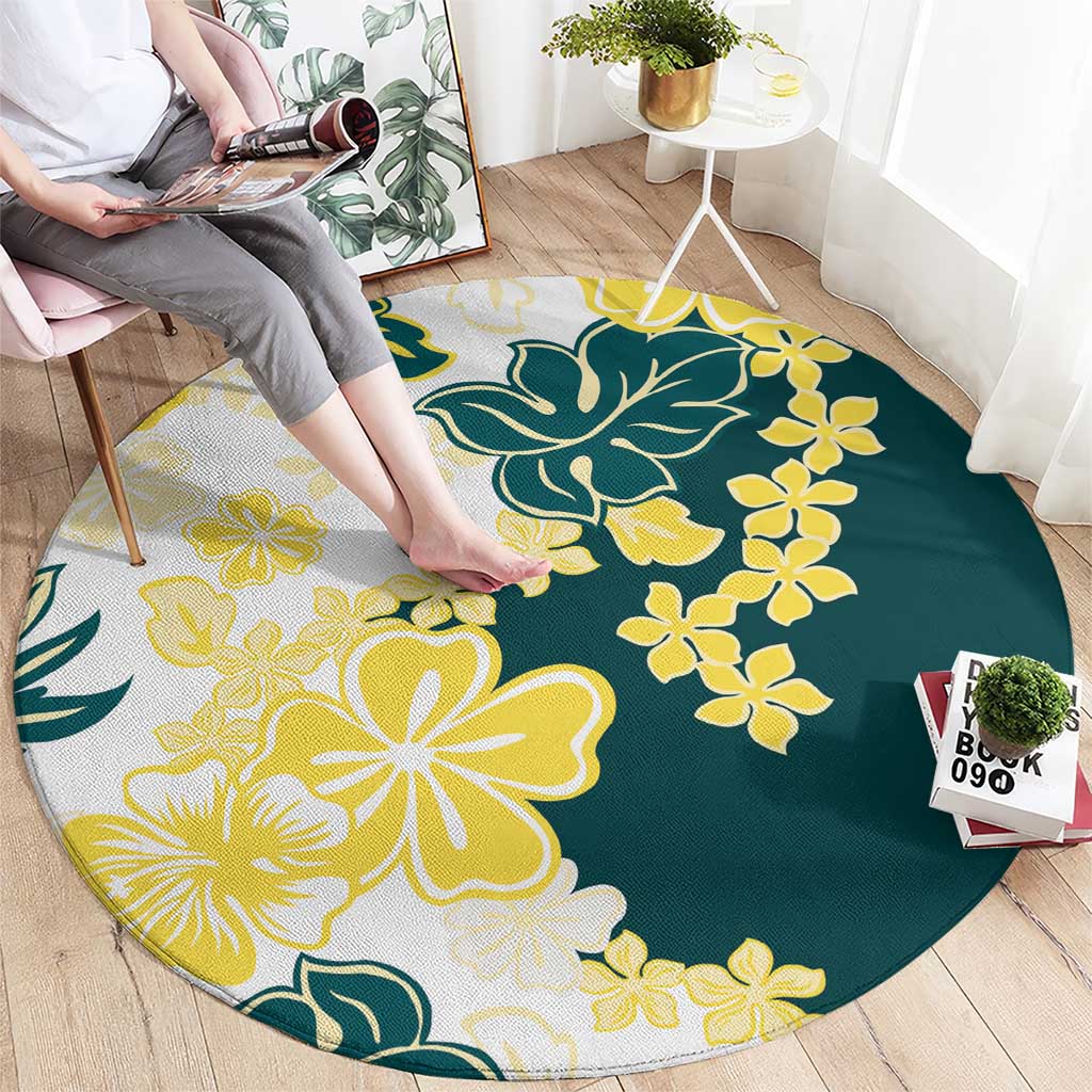 Yelow Teal Hibiscus Plumeria Floral Round Carpet - Polynesian Pride