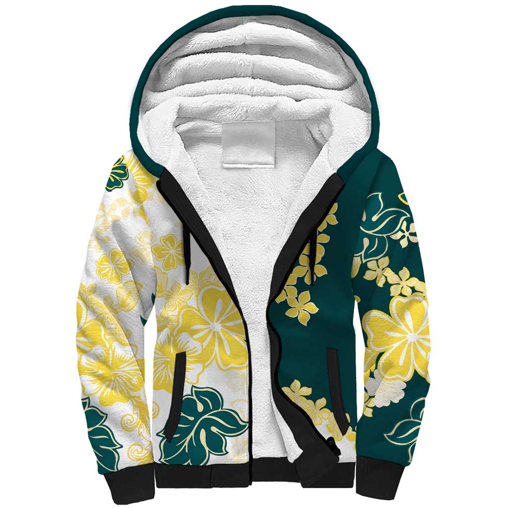 Yelow Teal Hibiscus Plumeria Floral Sherpa Hoodie - Polynesian Pride