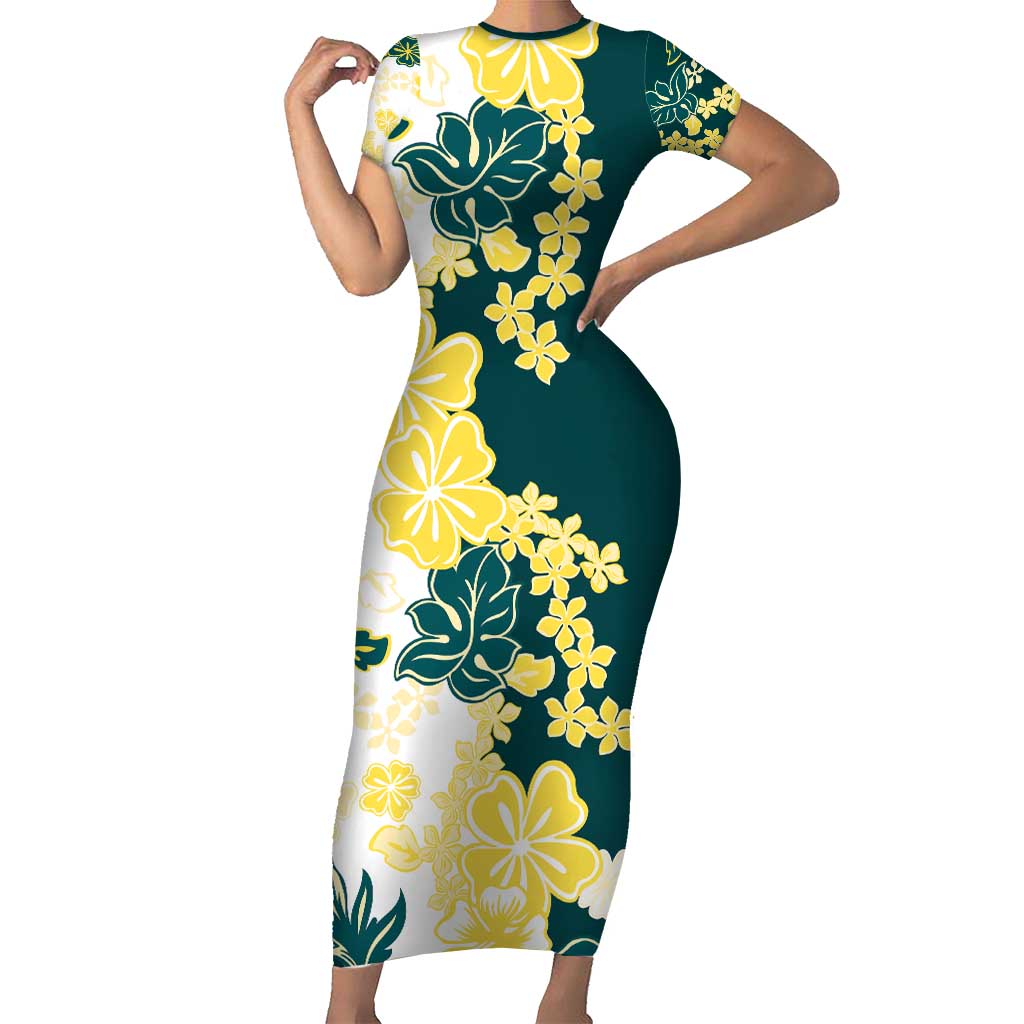 Yelow Teal Hibiscus Plumeria Floral Short Sleeve Bodycon Dress - Polynesian Pride
