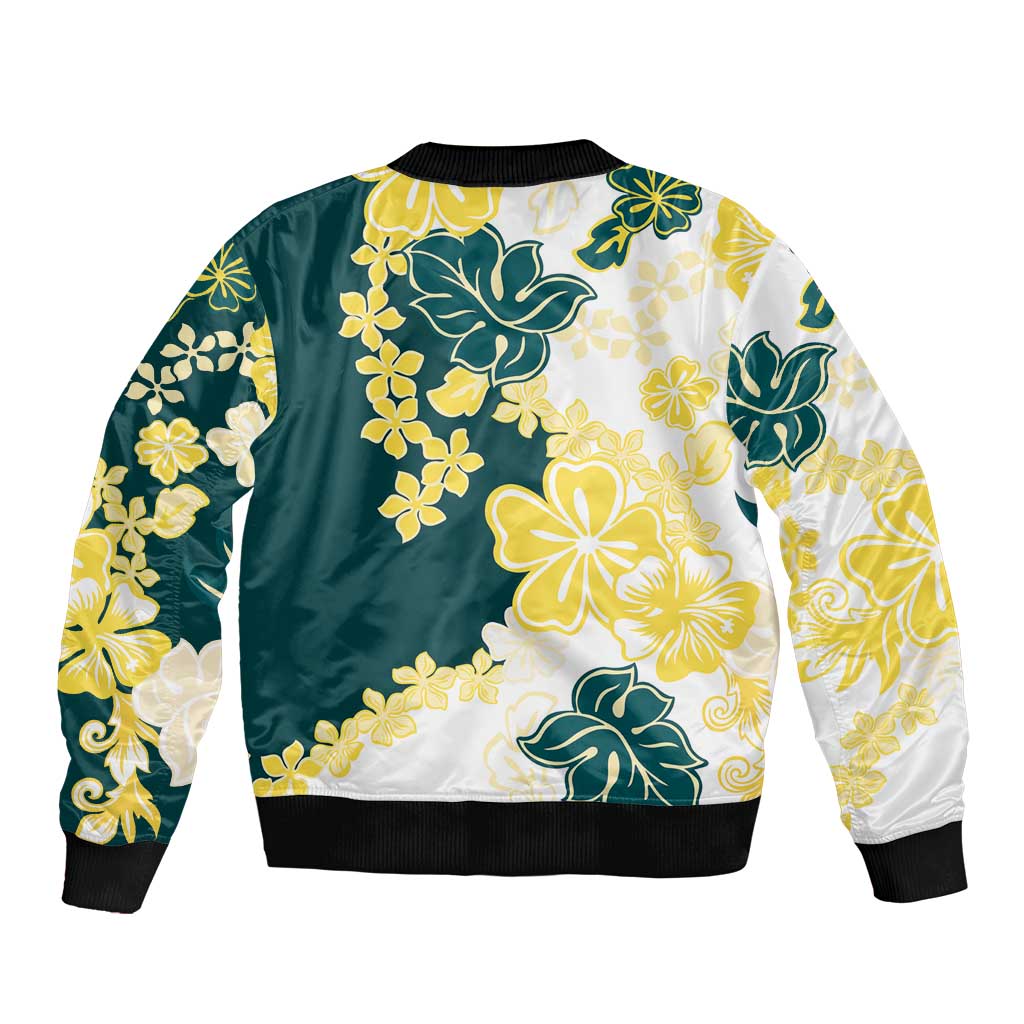 Yelow Teal Hibiscus Plumeria Floral Sleeve Zip Bomber Jacket - Polynesian Pride