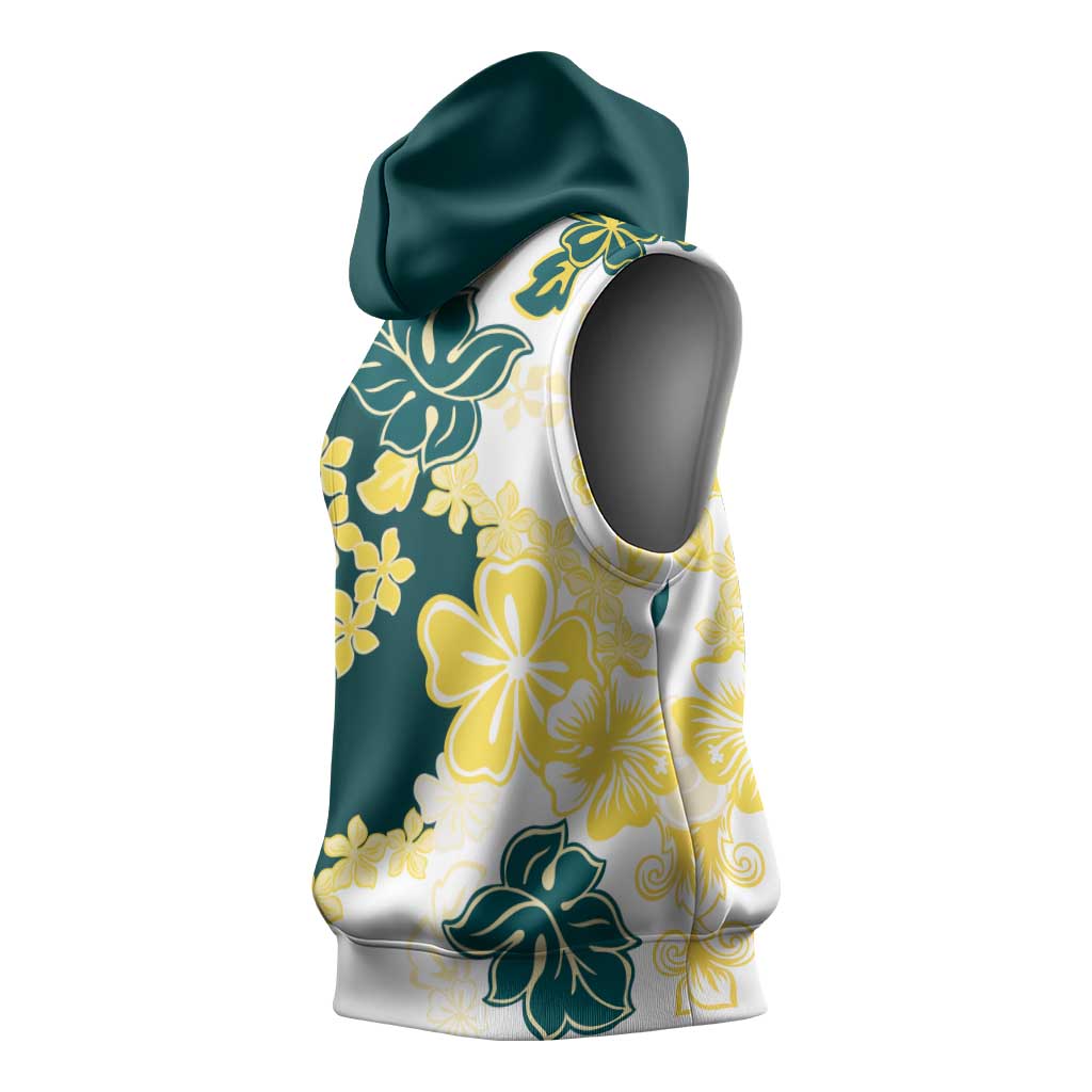 Yelow Teal Hibiscus Plumeria Floral Sleeveless Hoodie - Polynesian Pride