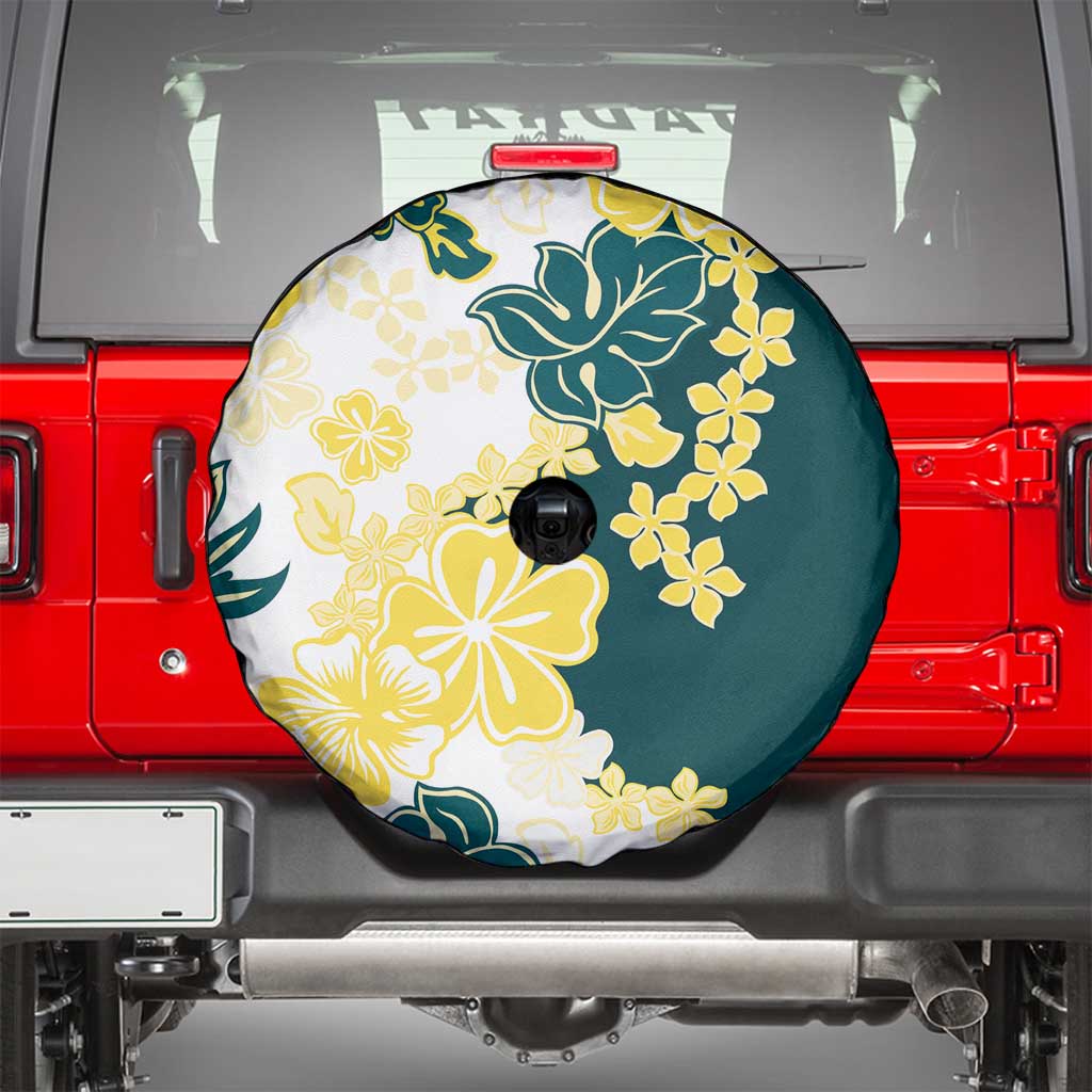 Yelow Teal Hibiscus Plumeria Floral Spare Tire Cover - Polynesian Pride