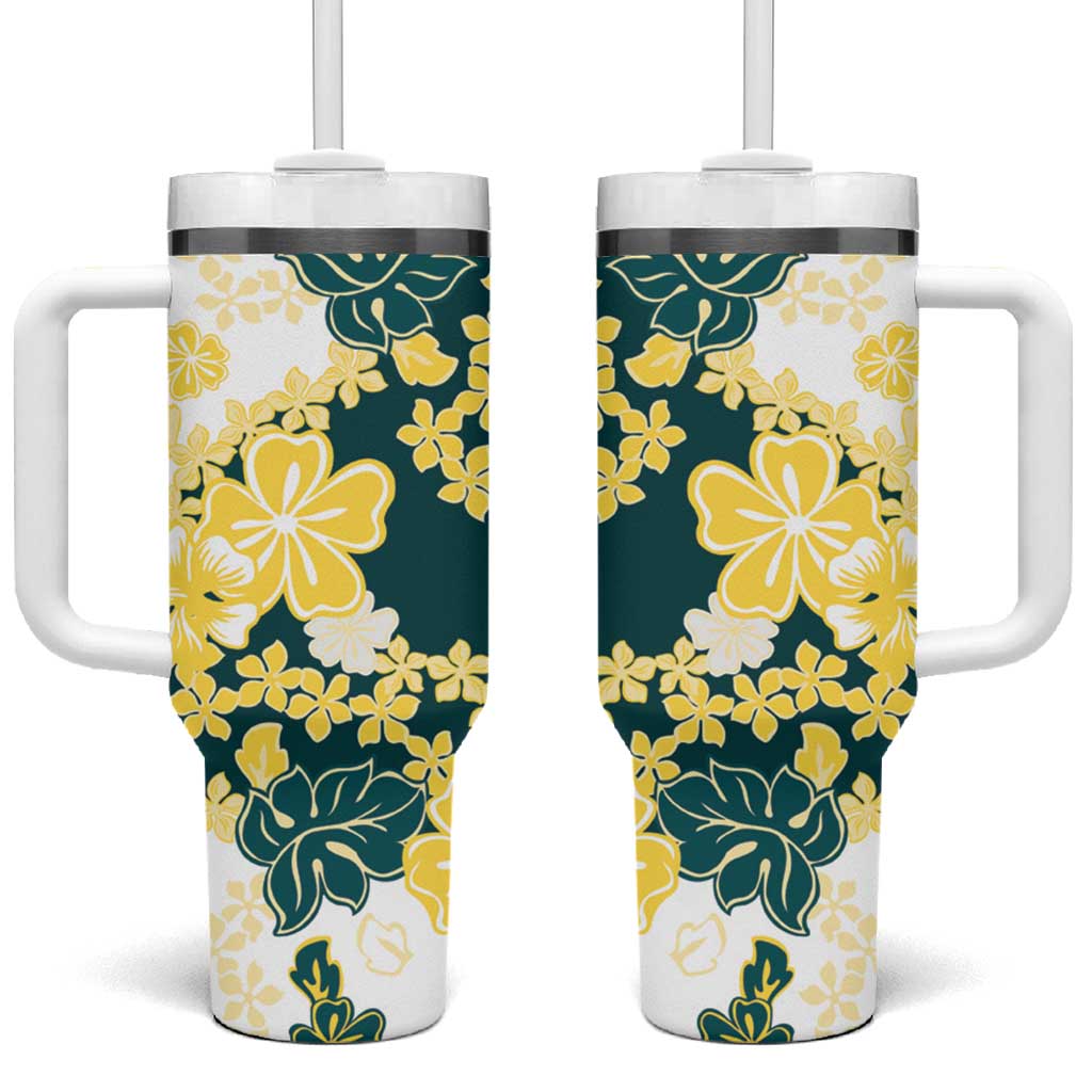 Yelow Teal Hibiscus Plumeria Floral Tumbler With Handle - Polynesian Pride