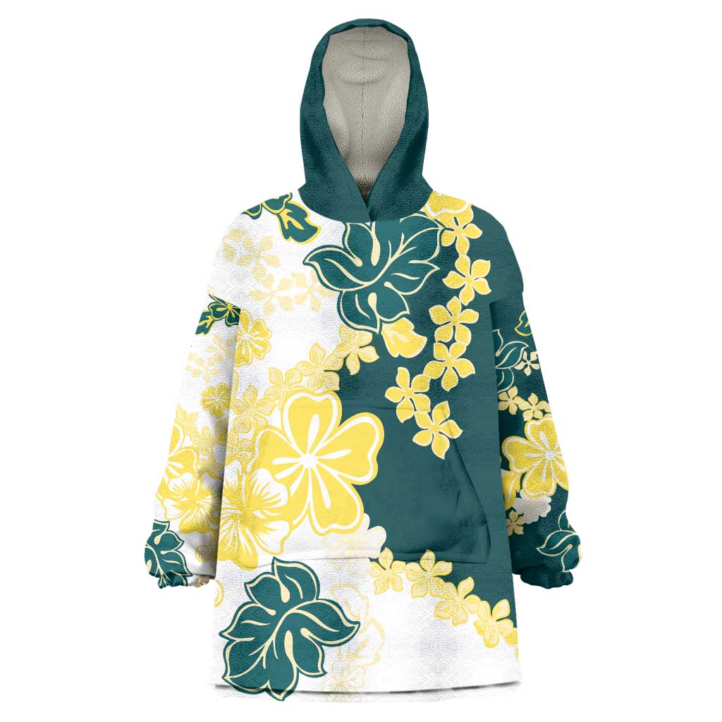 Yelow Teal Hibiscus Plumeria Floral Wearable Blanket Hoodie - Polynesian Pride