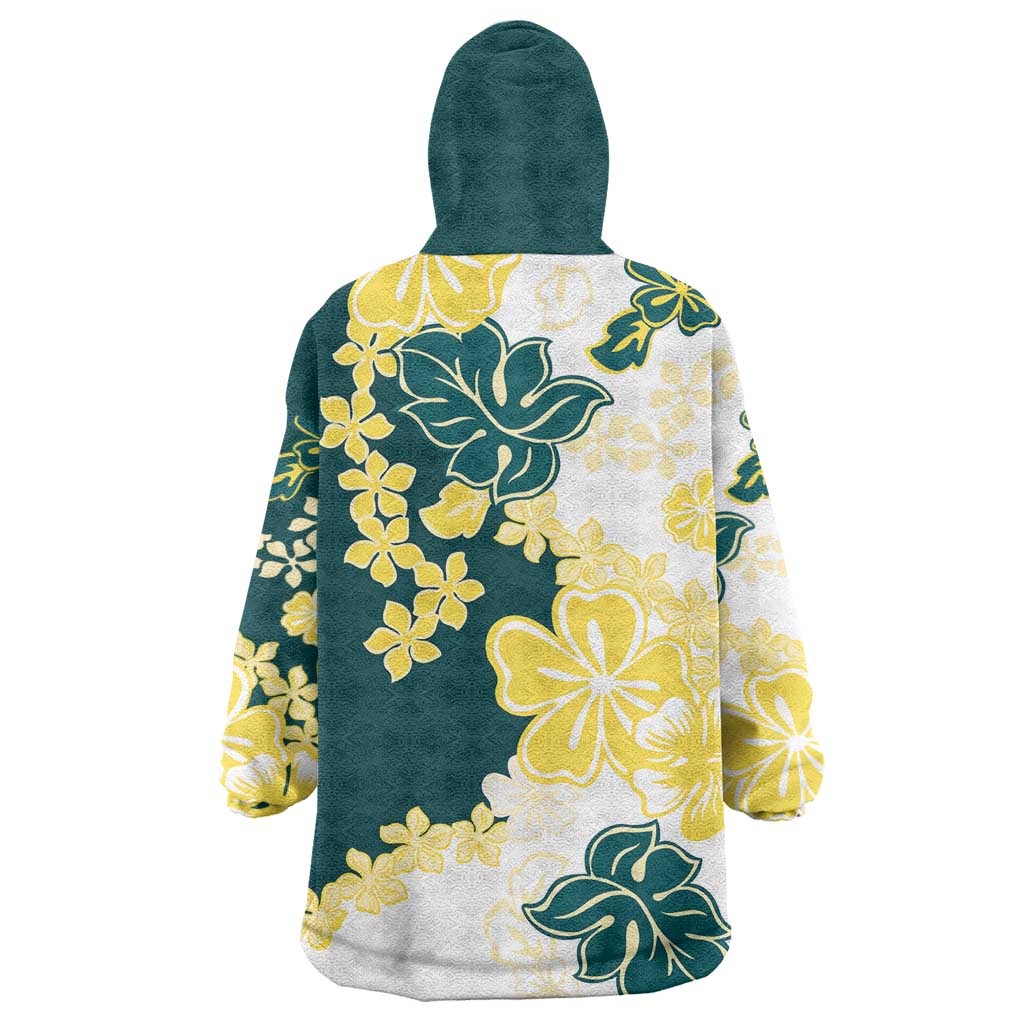 Yelow Teal Hibiscus Plumeria Floral Wearable Blanket Hoodie - Polynesian Pride