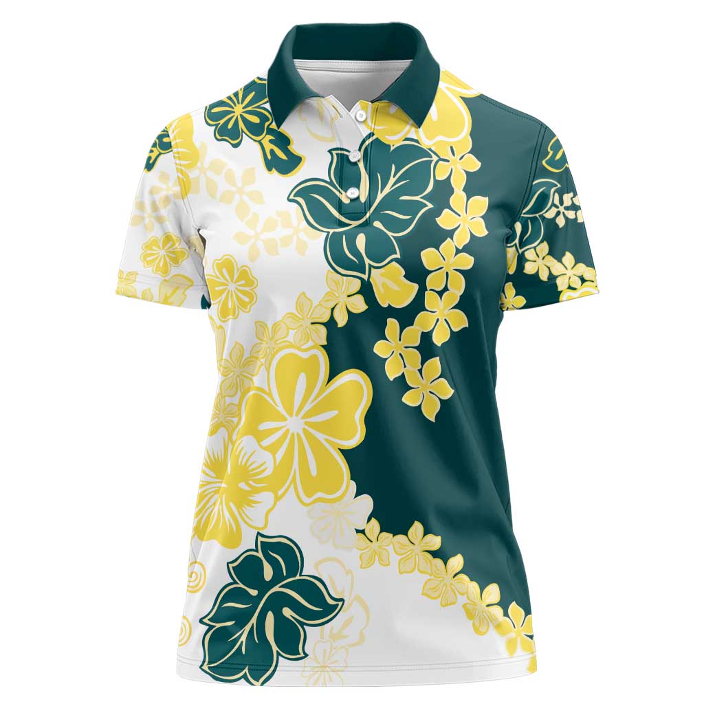 Yelow Teal Hibiscus Plumeria Floral Women Polo Shirt - Polynesian Pride