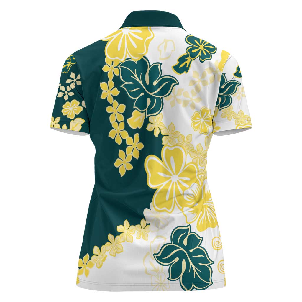 Yelow Teal Hibiscus Plumeria Floral Women Polo Shirt - Polynesian Pride