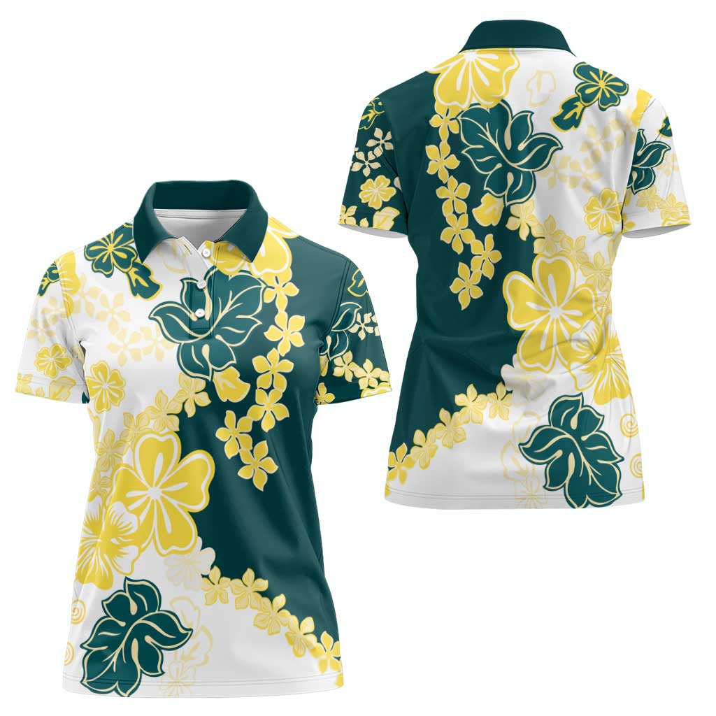 Yelow Teal Hibiscus Plumeria Floral Women Polo Shirt - Polynesian Pride