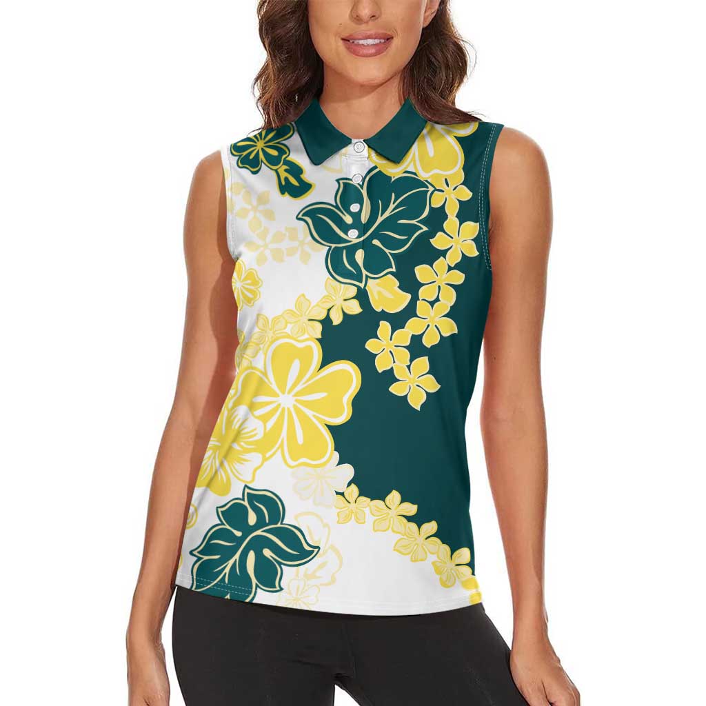 Yelow Teal Hibiscus Plumeria Floral Women Sleeveless Polo Shirt - Polynesian Pride
