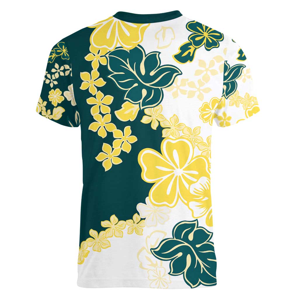 Yelow Teal Hibiscus Plumeria Floral Women V-Neck T-Shirt - Polynesian Pride