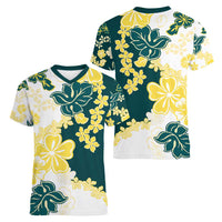 Yelow Teal Hibiscus Plumeria Floral Women V-Neck T-Shirt - Polynesian Pride