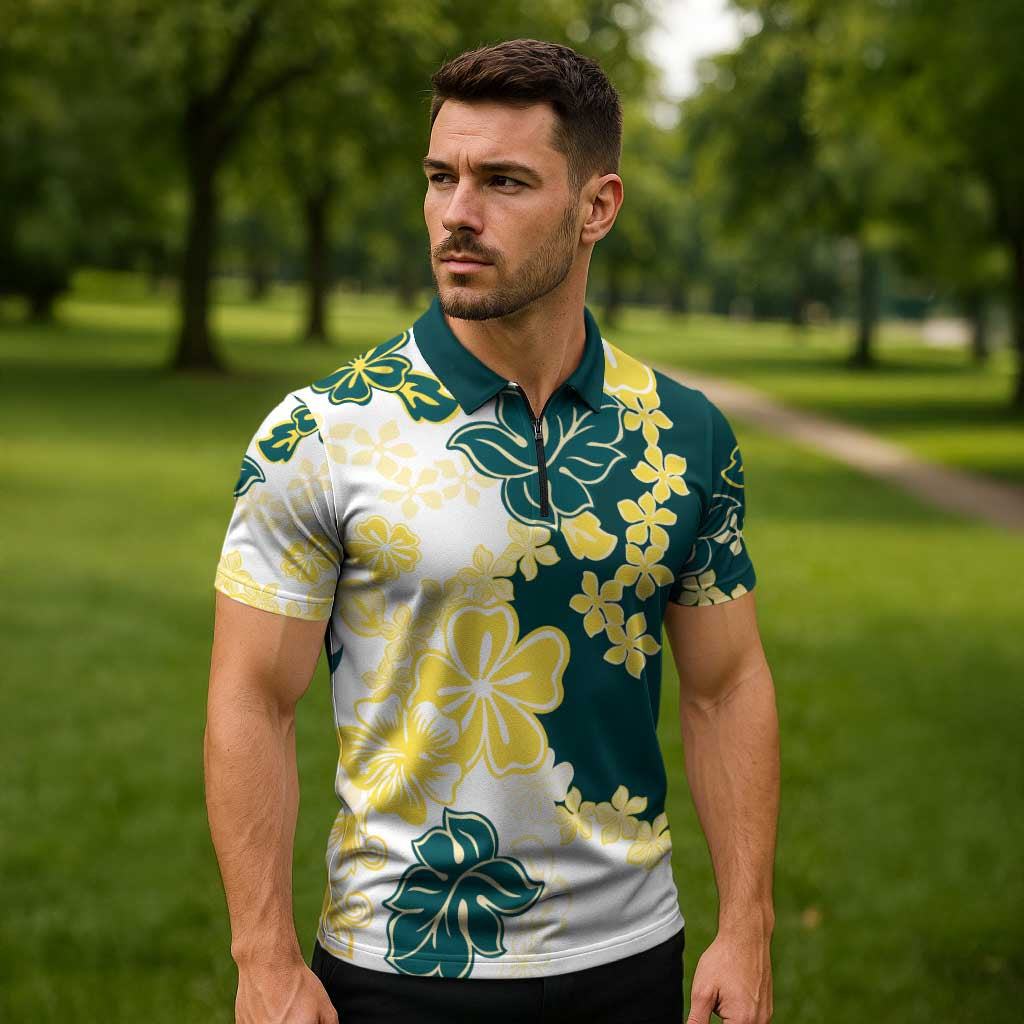 Yelow Teal Hibiscus Plumeria Floral Zipper Polo Shirt - Polynesian Pride
