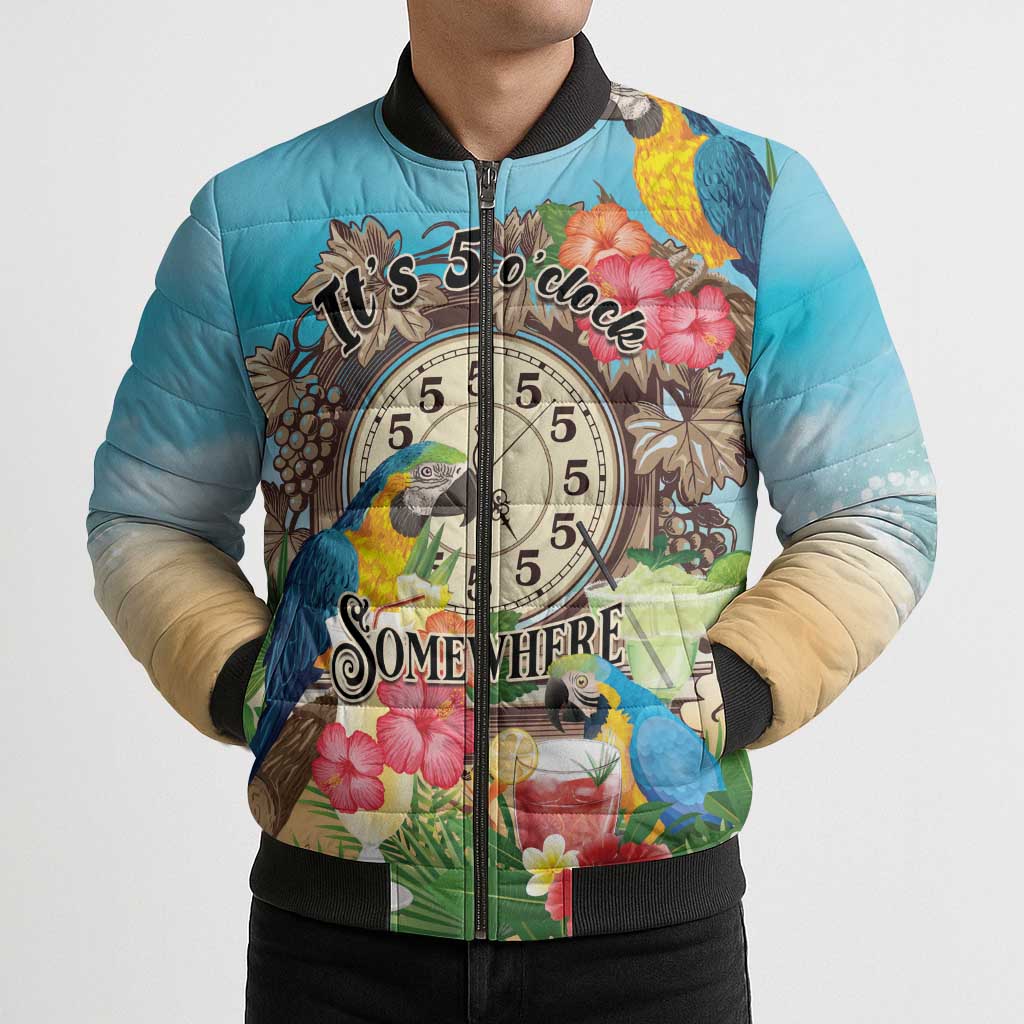 Personalized It's 5 o'clock Somewhere Bomber Puffer Jacket Hawaiian Tropical Parrots - Polynesian Pride