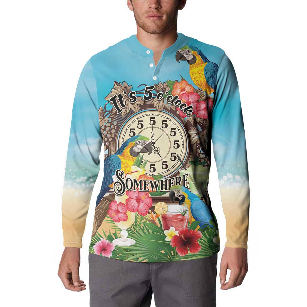 Personalized It's 5 o'clock Somewhere Button Sweatshirt Hawaiian Tropical Parrots - Polynesian Pride