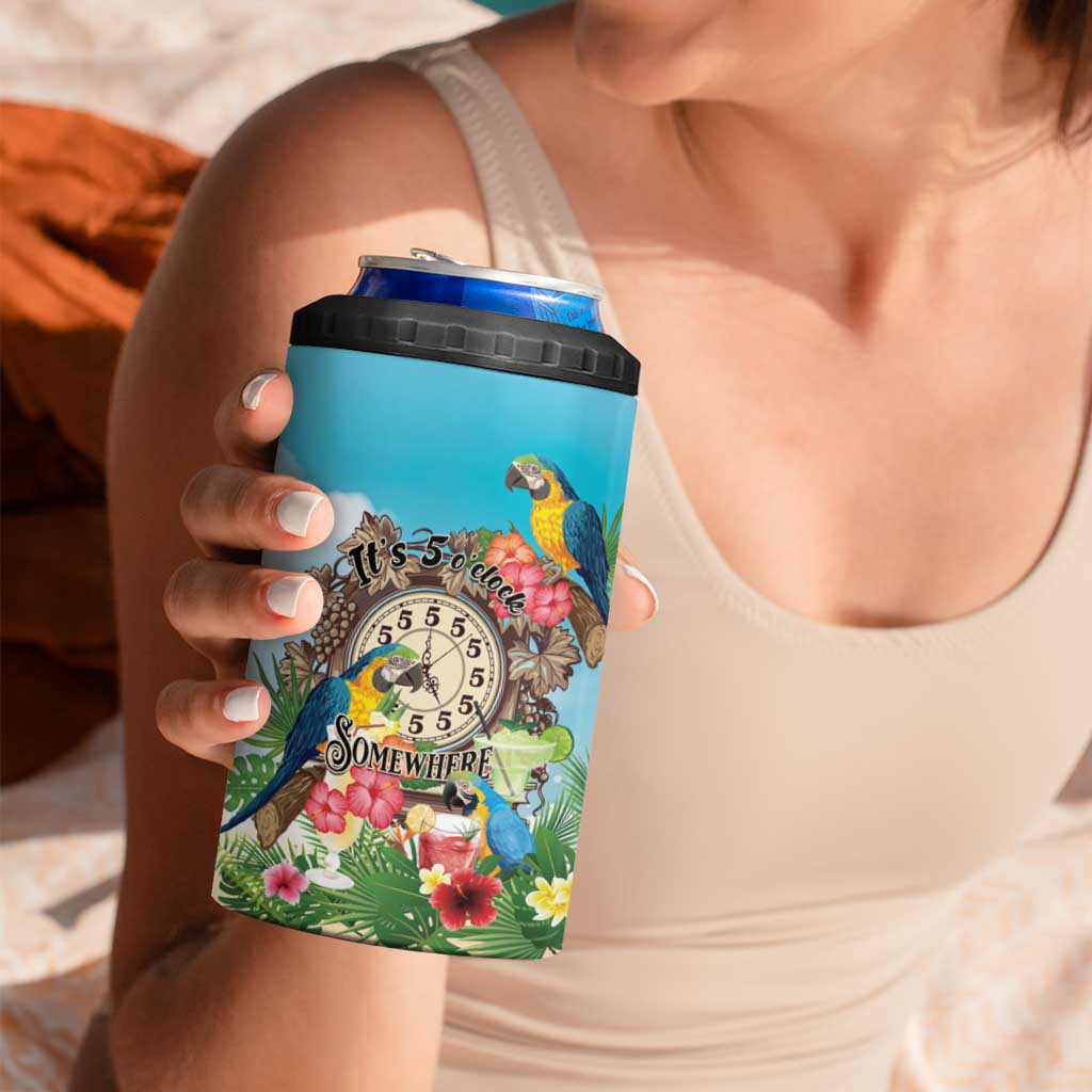 Personalized It's 5 o'clock Somewhere 4 in 1 Can Cooler Tumbler Hawaiian Tropical Parrots - Polynesian Pride
