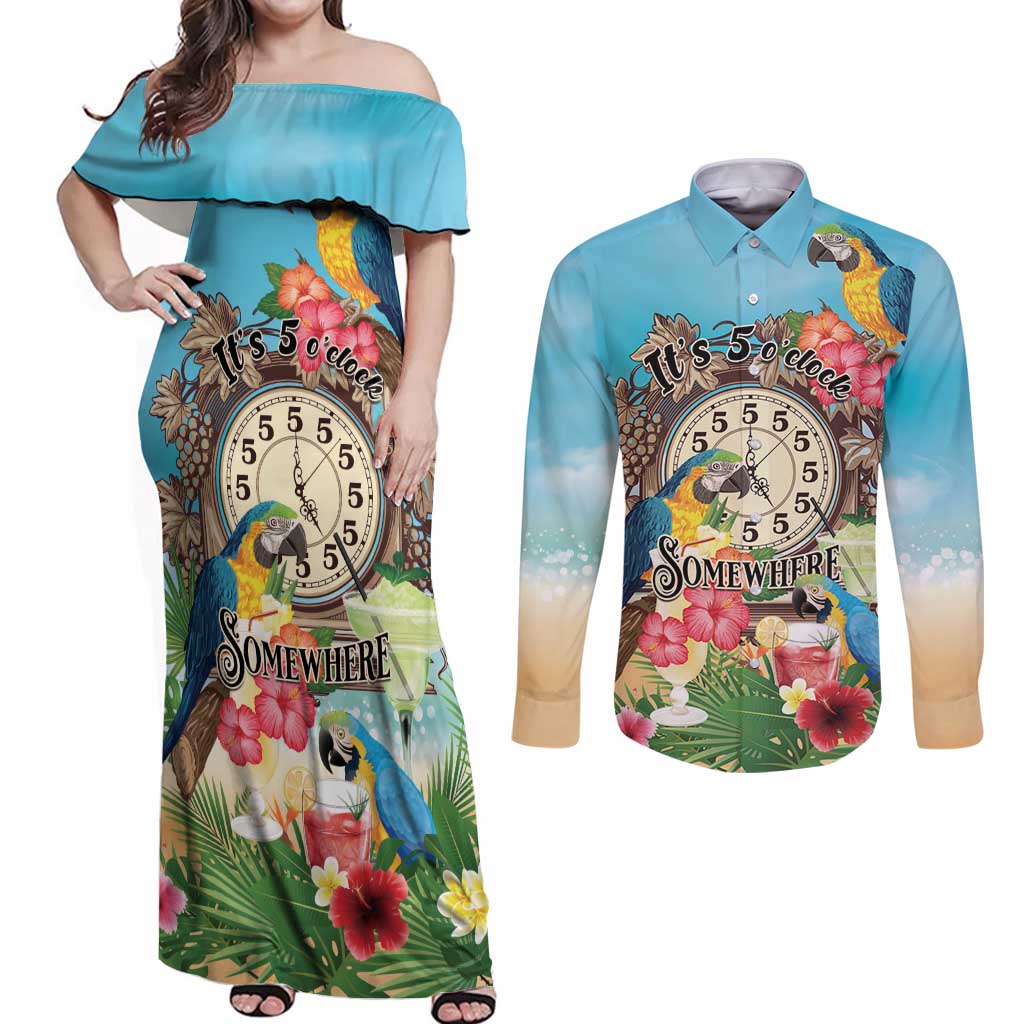 Personalized It's 5 o'clock Somewhere Couples Matching Off Shoulder Maxi Dress and Long Sleeve Button Shirt Hawaiian Tropical Parrots - Polynesian Pride