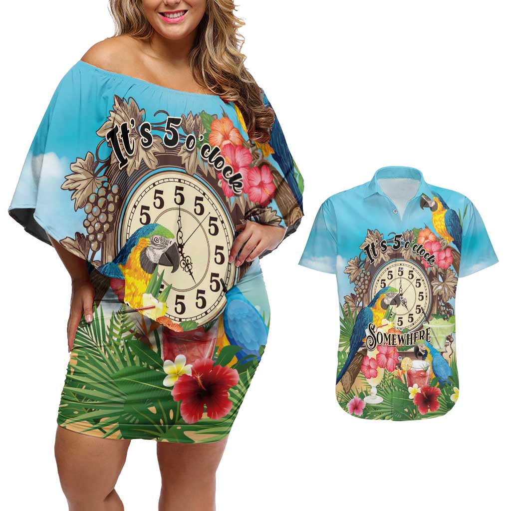 Personalized It's 5 o'clock Somewhere Couples Matching Off Shoulder Short Dress and Hawaiian Shirt Hawaiian Tropical Parrots - Polynesian Pride