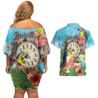 Personalized It's 5 o'clock Somewhere Couples Matching Off Shoulder Short Dress and Hawaiian Shirt Hawaiian Tropical Parrots - Polynesian Pride